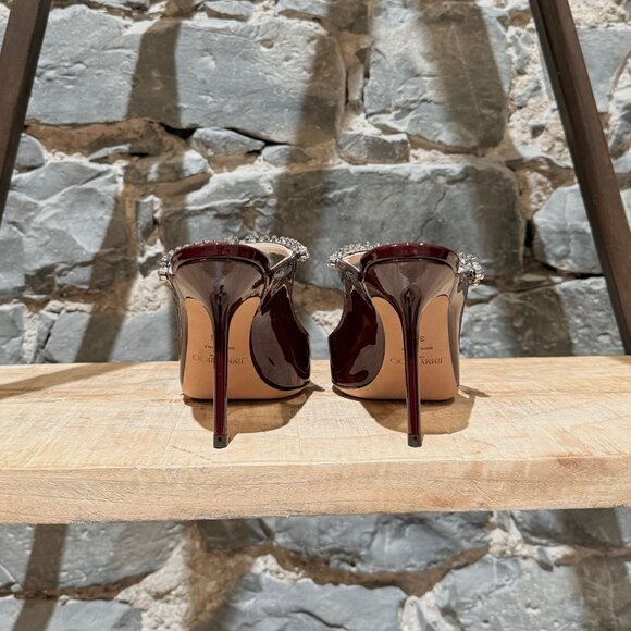 Jimmy Choo Burgundy Patent Bing 100 Crystal-Embellished Heeled Mules - Picture 6 of 11